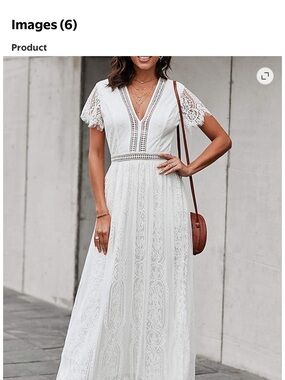White Lace Boho Maxi Dress V-Neck Short Sleeve Wedding Bridal Large